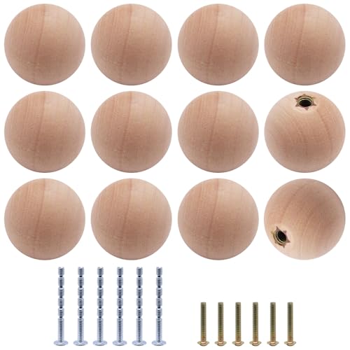 12pcs Wooden Cabinet Knobs, Unfinished Wooden Drawer Knobs Round Wood Ball Dresser Knob Pulls Handles for Kitchen Furniture Cupboard Closet (0.94 inch)