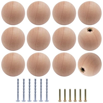 12pcs Wooden Cabinet Knobs, Unfinished Wooden Drawer Knobs Round Wood Ball Dresser Knob Pulls Handles for Kitchen Furniture Cupboard Closet (0.94 inch)