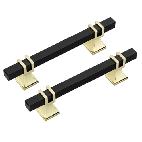 Rergy 10 Pack 3-3/4 Inch Black and Gold Cabinet Handles, Solid Zinc Alloy - color: Black and Gold, size: 3-3/4 Inch Hole Center