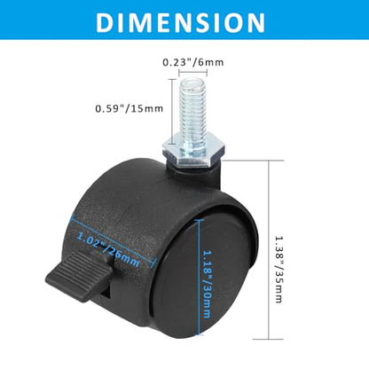 4pcs 1 Inch Swivel Caster Wheels, M6 Threaded Stem Caster Wheels with Brake, Heavy Duty Casters, Black Nylon Wheel Replacement for Furniture, Table, Cabinet, Shelf - style: 1 Inch with Brake-M6 Threaded Stem