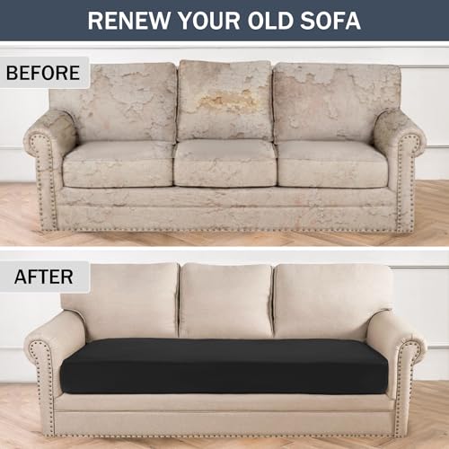 Stretch Cushion Cover, Soft Velvet Plush Cushion Slipcovers Loveseat Sofa Covers Couch Seat Covers Furniture Protector with Elastic Bottom (Large, Black) - color: Black, size: Large