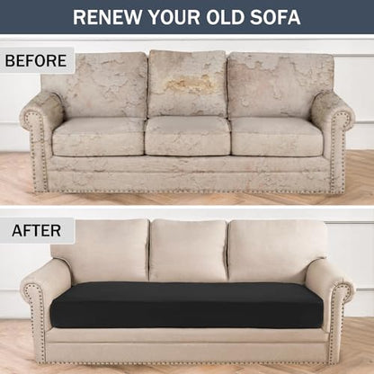 Stretch Cushion Cover, Soft Velvet Plush Cushion Slipcovers Loveseat Sofa Covers Couch Seat Covers Furniture Protector with Elastic Bottom (Large, Black) - color: Black, size: Large
