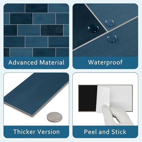 100-Sheet Subway Peel and Stick Backsplash Tile, 6" x 3" Blue Mixed Stone Composite Handmade Looks Self Adhesive Waterproof Wall Tile, Stick on Tiles for Kitchen Bathroom - color: Blue Mixed, size: Subway