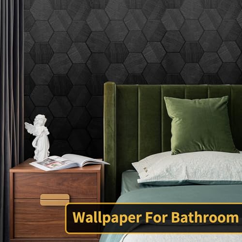 Black 3D Hexagon Peel and Stick Self Adhesive Removable Contact Wallpaper - color: Black, size: 15.7" x 118"