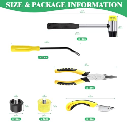 6 Pcs Upholstery Remove & Install Tools Kit Contains Rubber Mallet Hammer with 2PCS Replacement Head, Nail Tack Remover, Staple Tack Lifter and Removal Pliers for Furniture Floor Jewelry