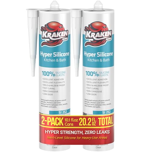 Kraken Bond Hyper Clear Caulking Sealant - (2x10.1 Fl. Oz) Fast Curing 100% Silicone Neutral for Kitchen & Bathroom, Bathtub, Shower and Sink, Low Odor, Waterproof, Anti Shrink Caulking, 2 Pack - size: 2 Pack