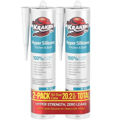 Kraken Bond Hyper Clear Caulking Sealant - (2x10.1 Fl. Oz) Fast Curing 100% Silicone Neutral for Kitchen & Bathroom, Bathtub, Shower and Sink, Low Odor, Waterproof, Anti Shrink Caulking, 2 Pack - size: 2 Pack