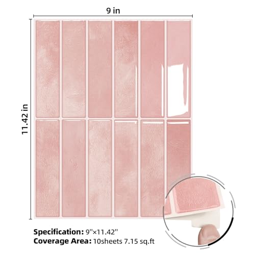 Peel and Stick Backsplash Tile for Kitchen, 10 Sheets, 11.42''x9'' - color: Pink
