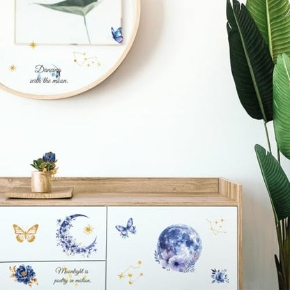 Peacoblue Moon and Flowers Rub On Transfers for Furniture Craft 6"x12" - style: Moon and Flowers