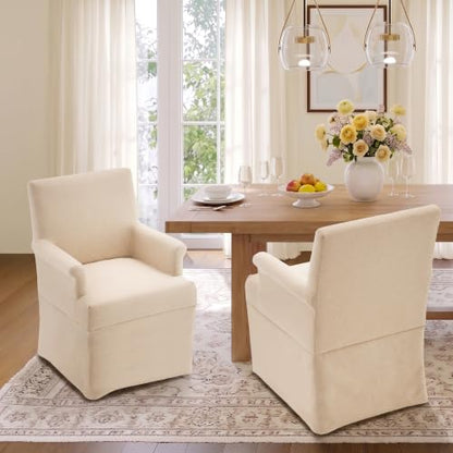 Arm Dining Chair Fabric Long Skirt Slipcovered High Back Upholstered Dinner - color: Beige, size: 1 PC