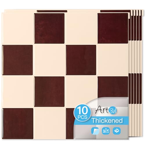 Art3d Grid Peel and Stick Backsplash, 10-Pack, Red Brown and Warm White - color: Red-brown and Warm White