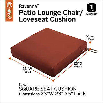 Classic Accessories Ravenna Water-Resistant 23 x 23 x 5 Inch Square Patio Seat Cushion Slip Cover & Foam, Spice, Lounge Chair Cushion - color: Spice, size: 23"W x 23"D x 5"Thick