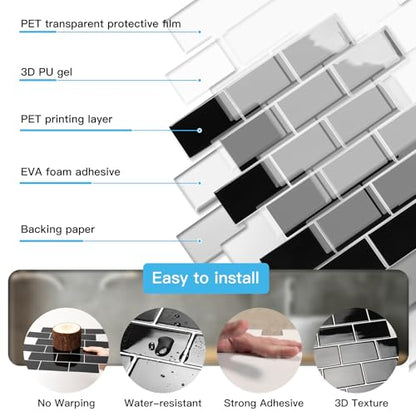 Art3d 10-Pack Subway Peel and Stick Backsplash, Black with Silver Grout - color: Black With Silver Grout