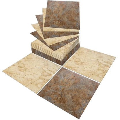 Peel and Stick Floor Tile 12 x 12 Inch Self Adhesive Marble Vinyl Flooring - color: Travertine Mix