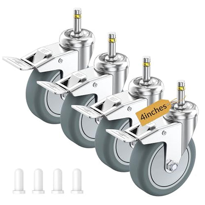 HOLKIE Stem Caster Wheels 4 inch Locking Casters Set of 4, 7/16-Inch Stem Diameter Swivel Castor Heavy Duty TPR Rubber Replacement Castors for Cart, Stool, Mop Bucket, Grill, Shop Vac - style: 4 inch-205LBS (With Brake)