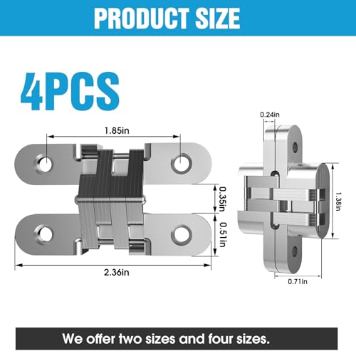 Invisible Cabinet Hinges 180° Silver, 4-Pack - color: Silver-4PCS, size: B: Door Thick(11/6"~1")
