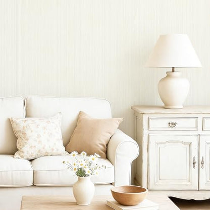 YXTII 20.8" x 196.8" Grasscloth Peel and Stick Wallpaper, White Neutral Textured Wallpaper for Bedroom Bathroom Office Self-Adhesive Thick Fabric Wall Paper - color: Cream, size: 20.8" x 196.8"