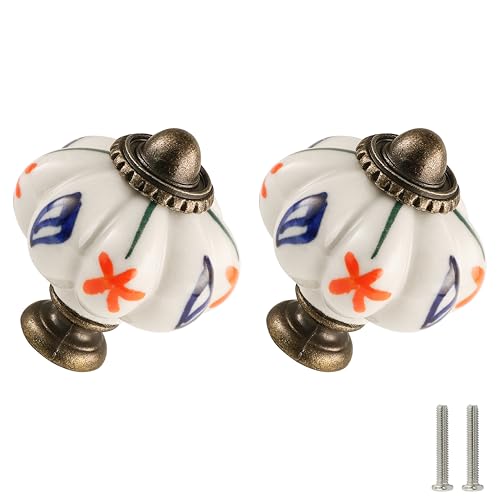 12pcs Ceramic Pumpkin Knobs - Red Flower & Blue Leaf - style: Red Flower & Blue Leaf