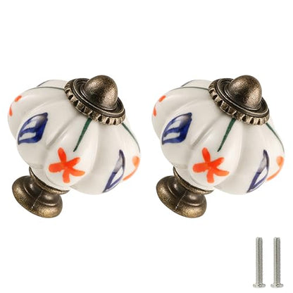 12pcs Ceramic Pumpkin Knobs - Red Flower & Blue Leaf - style: Red Flower & Blue Leaf
