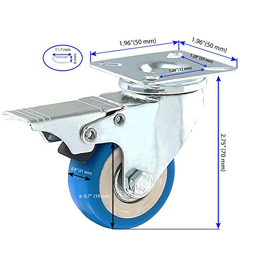 12 Pack Caster Swivel Plate On Blue Polyurethane Wheels PU(6 pc no Brake + 6 pc w/Brake) - size: Combo - 6 No brake & 6 With Brake