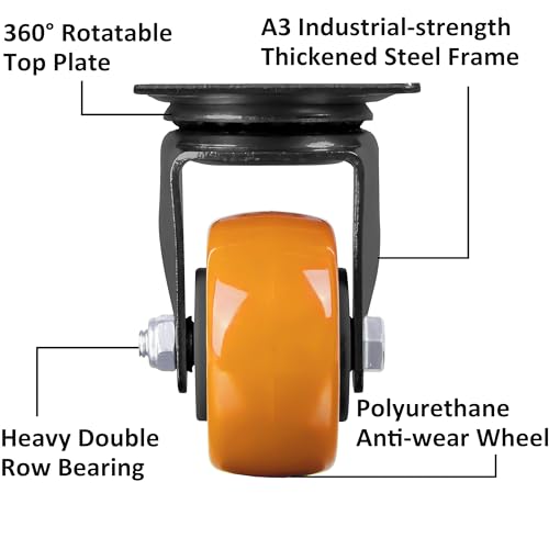 Finnhomy Swivel Casters Wheels Set of 4 Heavy Duty Plate Casters 2 Inch Premium Polyurethane PU Wheels for Furniture/Workbench Load Bearing 800 Lbs Anti-wear Smooth Casters Orange (Free Screws) - style: 2" (No Brake)