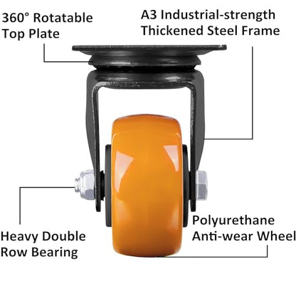 Finnhomy Swivel Casters Wheels Set of 4 Heavy Duty Plate Casters 2 Inch Premium Polyurethane PU Wheels for Furniture/Workbench Load Bearing 800 Lbs Anti-wear Smooth Casters Orange (Free Screws) - style: 2" (No Brake)
