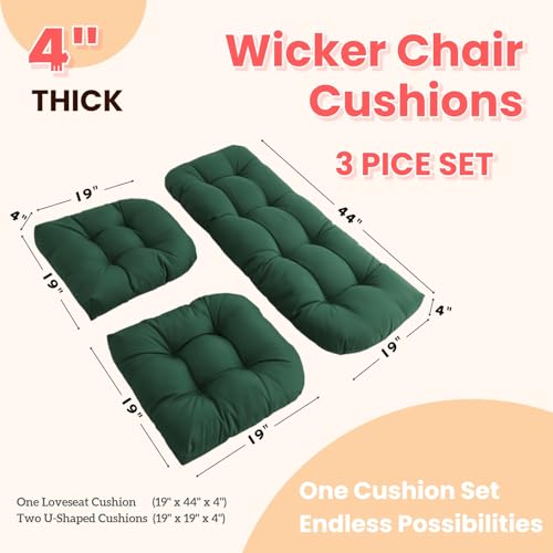 Wicker Chair Cushions 3 Piece Set, Waterproof Outdoor Cushion for Patio Furniture, Loveseat and U-Shaped Wicker Furniture Cushions, Green - color: Green