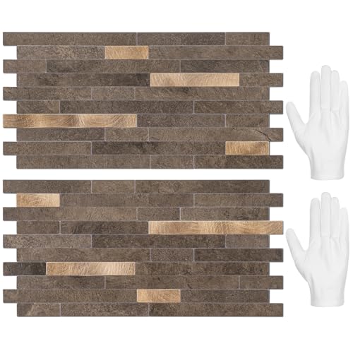 STICKGOO 20 Sheets Peel and Stick Backsplash Tile, Stick on Backsplash for Kitchen and Bathroom, Dark Brown Marble Look PVC Mixed Metal Gold Self Adhesive Wall Tiles - color: Dark Brown + Metal Gold