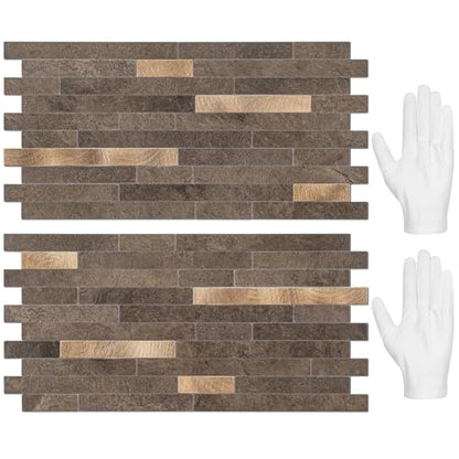 STICKGOO 20 Sheets Peel and Stick Backsplash Tile, Stick on Backsplash for Kitchen and Bathroom, Dark Brown Marble Look PVC Mixed Metal Gold Self Adhesive Wall Tiles - color: Dark Brown + Metal Gold