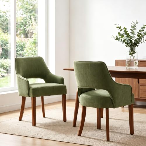 chairus Farmhouse Dining Chairs with Arms Set of 4, Chenille Upholstered Kitchen Chairs, Curved Open Back Dining Room Chairs with Thick Cushion & Walnut Wood Legs, Green - color: Green