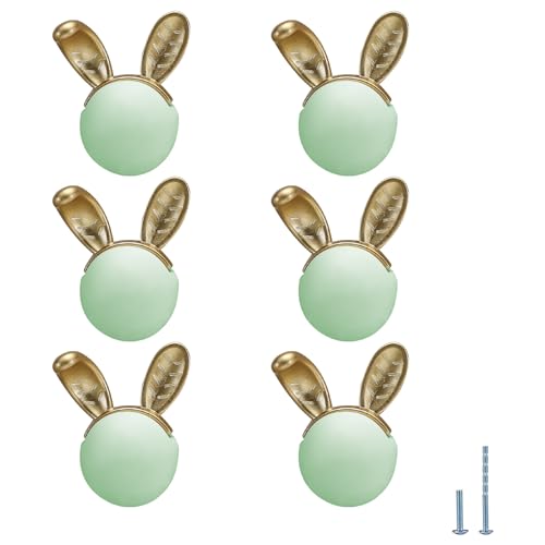 6 pcs Green Rabbit Cute Cartoon Ceramic Cabinet Handles Kitchen knobs Door Pull Drawer Pulls for Kitchen Wardrobe Children's Room - color: green rabbit