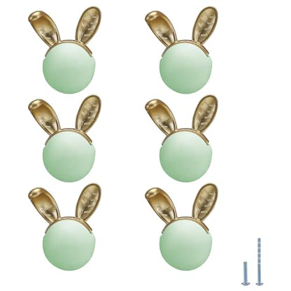 6 pcs Green Rabbit Cute Cartoon Ceramic Cabinet Handles Kitchen knobs Door Pull Drawer Pulls for Kitchen Wardrobe Children's Room - color: green rabbit