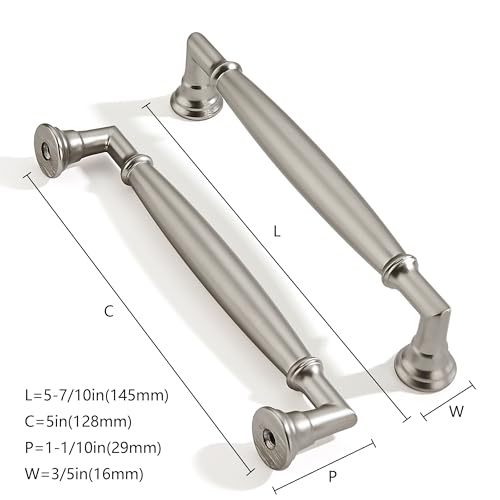 2 Pack 5 Inch Hole Center Brushed Satin Nickel Cabinet pulls Solid Heavy Duty Cabinet Pull Cabinet Handles Kitchen Cabinet Hardware Vanity Handles Bathroom Cabinet pulls - color: Brushed Satin Nickel, size: 5 Inch(128mm)hole center