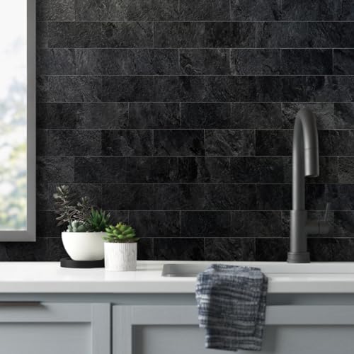 AULIGET 100 Piece Black Slate Peel and Stick Backsplash Wall Tiles, 3" x 6" PVC Faux Stone Stick on Tiles for Backsplash Kitchen, Bathroom, Laundry Room, Camper, Fireplace - color: Black Slate