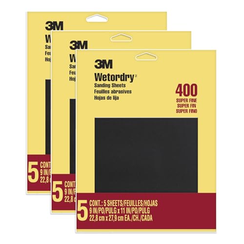 3M Wetordry Sandpaper, 9 in. x 11 in., 400 Grit, 5 Sheets, for Sanding Between Coats of Varnish, Lacquer, Paint & Other finishes, Waterproof Paper,Sanding Paper (9085NA), 3-Pack - style: Super Fine, 3-Pack (15 Sheets)