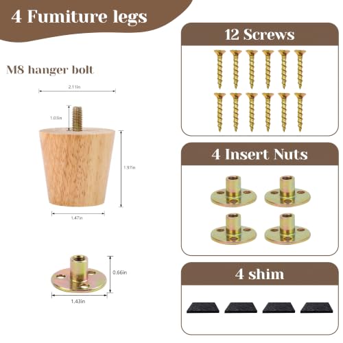 2" Round Solid Wood Furniture Leg Set of 4 Mid-Century Modern Sofa Couch Bed Coffee Chair Desk Straight Feet Legs with Pre-Drilled 5/16（M8） Inch Bolt& Screws& Rubber Pads… - color: 4sets, size: 2”