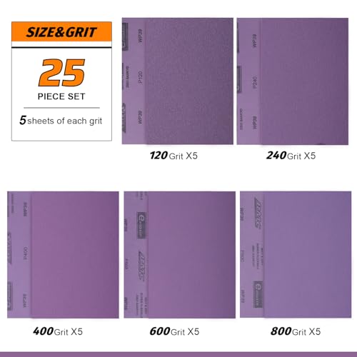 POLIWELL Wet Dry Sanding Sheets 25 PCS 9 x 11 Inch Purple Alumina - style: MIX