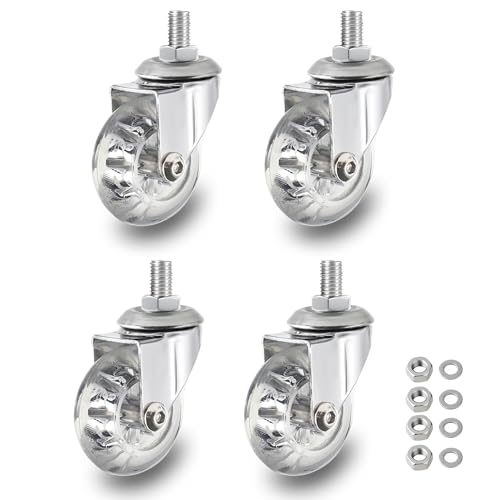 2 inch Stem Caster Wheels, M8×15mm Threaded Stem Castors Wheel, 360 Degree Rotated Crystal Clear Wheel,Soft Polyurethane Furniture Wheels for Carts and DIY Projects - color: Clear NO Brake, size: 2",M8x15