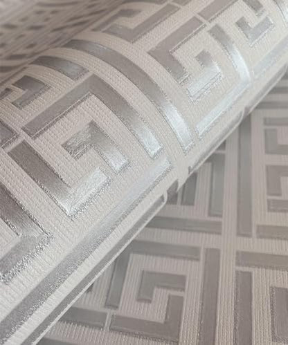 AMINAH DECO 17.7"x236.0"Greek Key Peel and Stick Wallpaper - color: Silver White