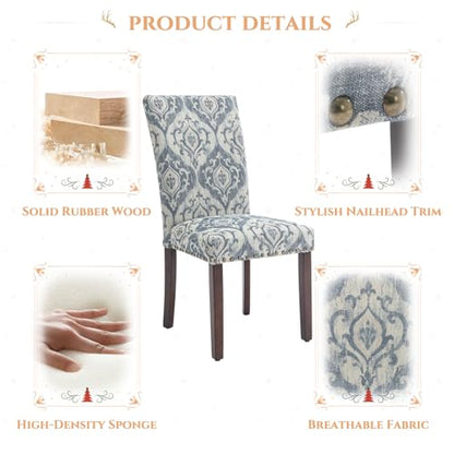 Parsons Dining Chairs Set of 2, Upholstered Nailhead Dining Room Kitchen Side Chair with Thick Cushions and Wood Legs, White/Blue - color: White/Blue, size: set of 2