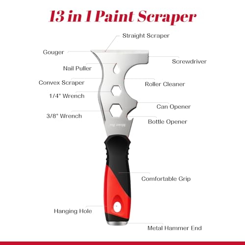 Mister Rui Metal Putty Knife, Paint Scraper Tool 13 in 1 Paint Scraper - color: Red, 1 Pack