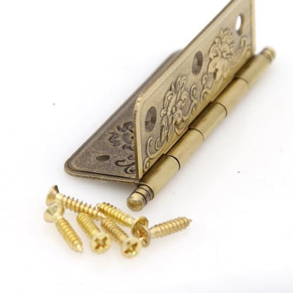 4 PCs Embossed Brass Hinges - Decorative Flap Hinges with Flower Patterns for Wooden Chest Trunck Cabinet Cupboard, Plate Length 2.6" (65 mm)