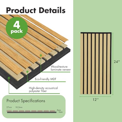 Art3d 12" x 24" Acoustic Wood Slat Wall Panel, 4pcs, 8 sq.ft, Oak - color: Oak, size: 12" x 24"