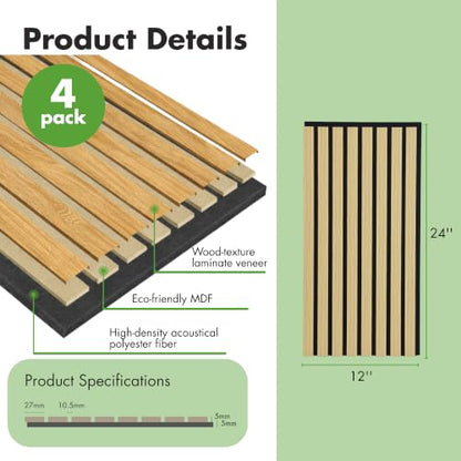 Art3d 12" x 24" Acoustic Wood Slat Wall Panel, 4pcs, 8 sq.ft, Oak - color: Oak, size: 12" x 24"