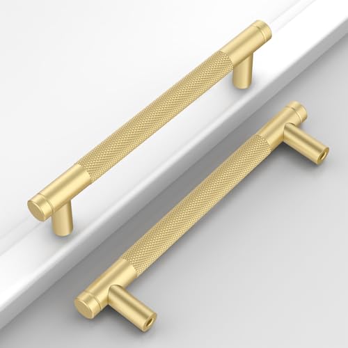 Brushed Gold Knurled Cabinet Handles Kitchen Pulls 5 Inch 10 Pack - color: Brushed Gold, size: 5" Hole Center