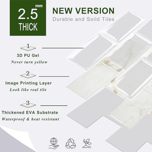 STICKGOO 10-Sheet Subway Tile Peel and Stick Backsplash, Self Adhesive Vinyl Wall Tiles, Stick on Backsplash for Kitchen and Bathroom(Thicker Design) - color: Calacatta Marble