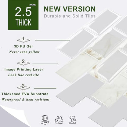 STICKGOO 10-Sheet Subway Tile Peel and Stick Backsplash, Self Adhesive Vinyl Wall Tiles, Stick on Backsplash for Kitchen and Bathroom(Thicker Design) - color: Calacatta Marble