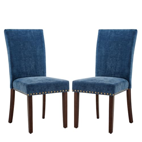 COLAMY Upholstered Parsons Dining Chairs Set of 2, Fabric Dining Room Kitchen Side Chair with Nailhead Trim and Wood Legs - Dark Blue - color: F-darkblue, size: Set of 2