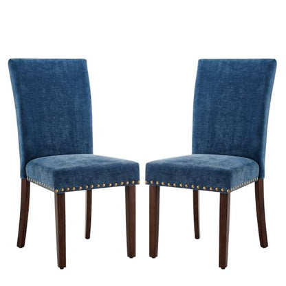 COLAMY Upholstered Parsons Dining Chairs Set of 2, Fabric Dining Room Kitchen Side Chair with Nailhead Trim and Wood Legs - Dark Blue - color: F-darkblue, size: Set of 2