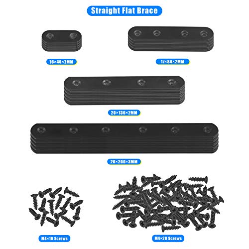 Glarks 110Pcs 20Pcs 40mm 80mm 130mm 200mm Flat Straight Corner Brace Black Metal Joint Plate Connector Repair Fixing Bracket with Mounting Screws Set for Wood Furniture - size: 4 Size Flat Brackets Set